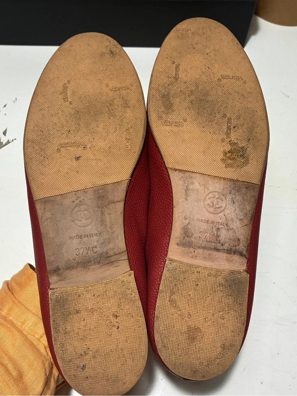 CHANEL Red caviar Leather Ballet Flats with Bow Detail